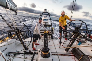 October 19, 2014.Leg 1 onboard Abu Dhabi Ocean Racing: Ian Walker and Phil Harmerenjoying some big waves and breeze as "Azzam" turned South towards the Doldrums.